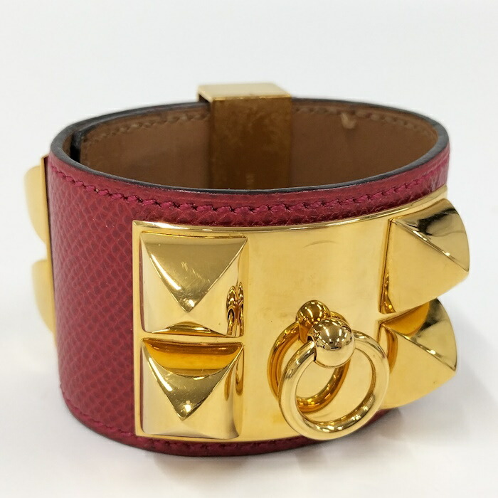 HERMES コリエドシアン バングル ヴォーエプソン レザー メッキ ゴールド レッド ◯U刻印【中古】