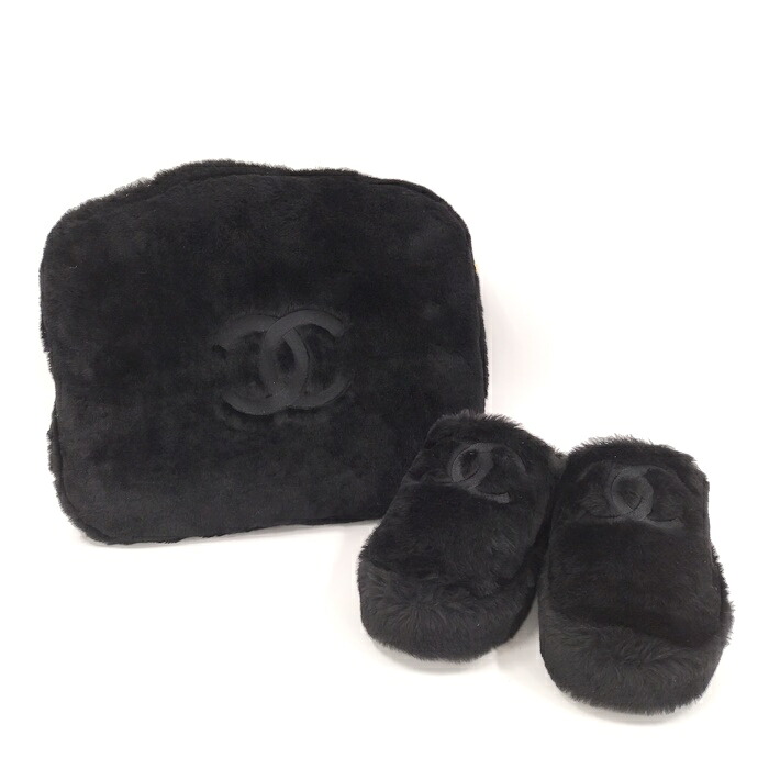 CHANEL 毛革家庭用スリッパ 黒いこと G45984【中古】
