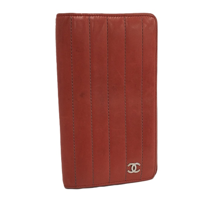 CHANEL 二つ折り長紙入れ うしろ帯 ココマーク なめし革 オレンジ色【中古】