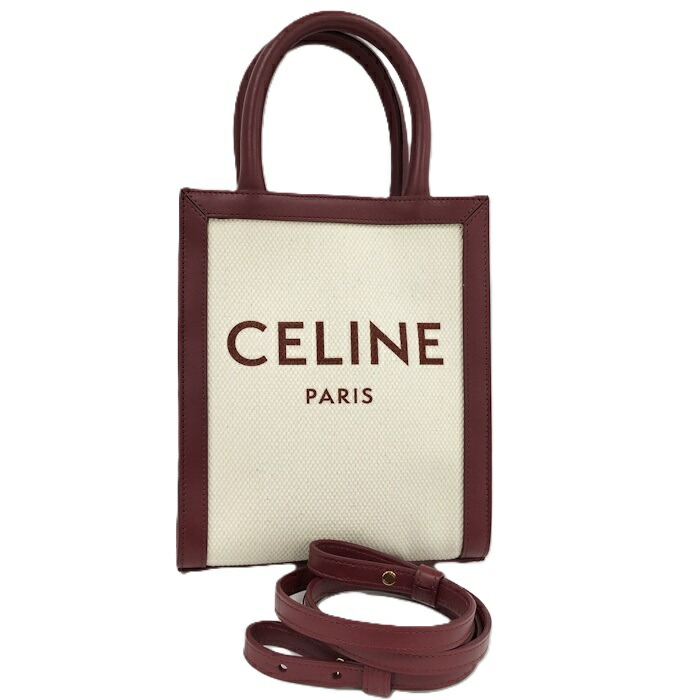 CELINE ミニバーティカルカバ 2WAYハンドバック 帆布 なめし革 象牙色 ボルドーワイン 193302【中古】