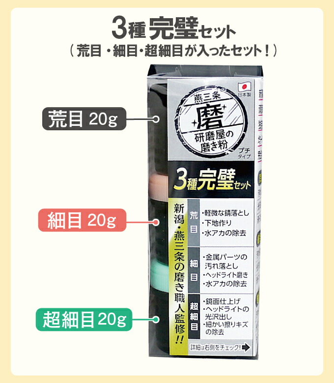 ショッピング 研磨屋の磨き粉 車 バイク用 3種完璧セット 荒目 細目 超細目 クリーム各20g入り 汚れ落とし 下地作り 水アカ除去 