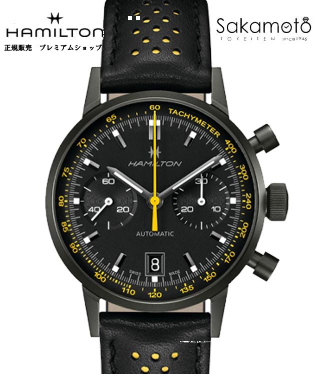 置き目品ハミルトン【HAMILTON】イントラマティック クロノ「INTRA‐MATIC」40粍 黒いことｘ黄色 革同盟罷業一回り 自動小銃一巻き【H38446731】