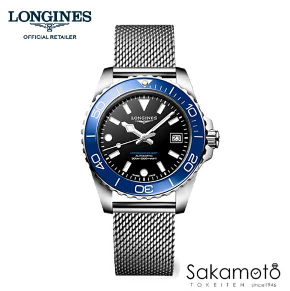 国内置き目品ロンジンlongines  新型ハイドロコンクエスト セラミックベゼル ダイバー 30空圧雨合羽 自動小銃巻 39粍入れもの メンズ 【成人男性用】黒いこと文字記号盤 ブルーベゼル ミラネーゼバンド  L37794906