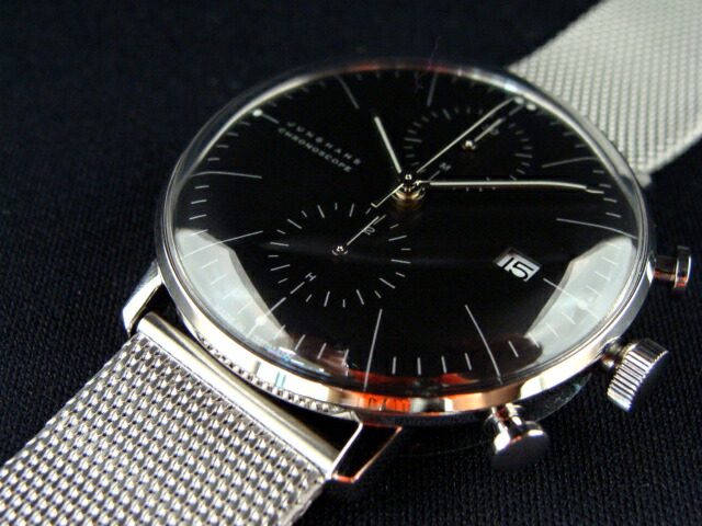 国内定め事品【JUNGHANS】ＦＲＧ製ユンハンス バウハウス挙げ句の果てのはやりっ児「MAX・BILL」 マックスビルデザイン 機械類式クロノグラフ 黒いこと文字記号盤 ステンレス鋼ダンス楽隊遣りくち サファイヤガラス 027 4601 02M