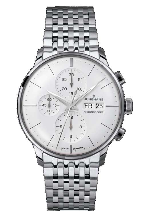 国内置き目品ＦＲＧ製ユンハンス【JUNGHANS】 マイスターオートマチック  クロノグラフ 自動小銃一巻き 白いこと文字記号盤 SSブレス【027412145】【027/4121.45】