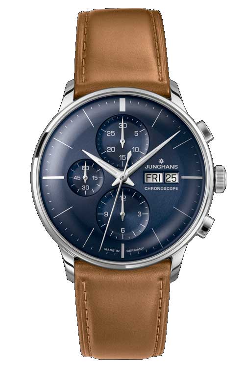 国内置き目品ＦＲＧ製ユンハンス【JUNGHANS】 マイスターオートマチック  クロノグラフ 自動小銃一巻き 青み文字記号盤 革同盟罷業一回り【027 4526 01】【027/4526.01】