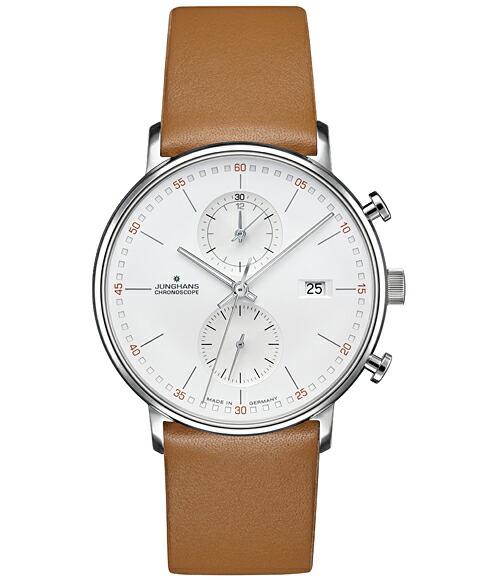 国内正規品ドイツ製ユンハンス【JUNGHANS】フォームC　ホワイトシルバー文字盤40ｍｍ　クロノグラフ　電池式クォーツ　ブラウン革ストラップ｜金沢　時計職人の店　さかもと