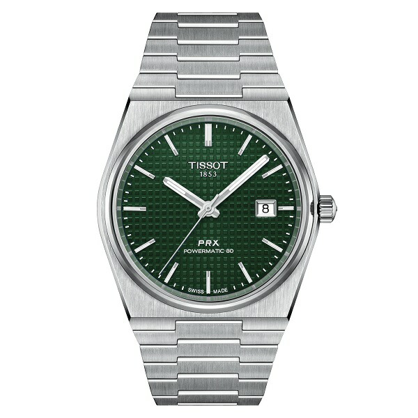 正規品TISSOT　ティソ　PRX　グリーン文字盤　自動巻きモデル　オートマチック　ステンレスバンド　40ミリケース　100ｍ防水　80時間パワーリザーブ　非磁性合金ニヴァクロン製ヒゲゼンマイ　【ウッドウォッチスタンドプレゼント中】【T1374071109100】