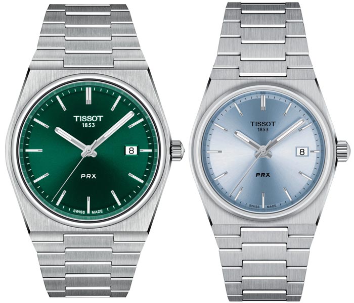 正規品TISSOT　ティソ　PRX　ピーアールエックス　【40ミリ＆35ミリ】【グリーン＆アイスブルー】　クォーツ駆動（電池）　100ｍ防水　ペアウォッチ　2本での価格　【T1374101109100＆T1372101135100】【ウッドウォッチスタンドプレゼント中】