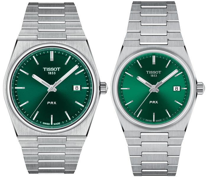 正規品TISSOT　ティソ　PRX　ピーアールエックス　【40ミリ＆35ミリ】【グリーン＆グリーン】　クォーツ駆動（電池）　100ｍ防水　ペアウォッチ　2本での価格　【T1374101109100＆T1372101108100】【ウッドウォッチスタンドプレゼント中】
