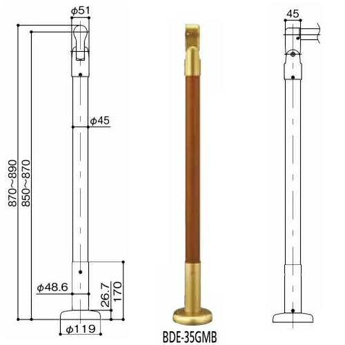 マツ六 室内用手すりエンド支柱 木製 アジャスト BDE-35GMB Mブラウン+ゴールド firs