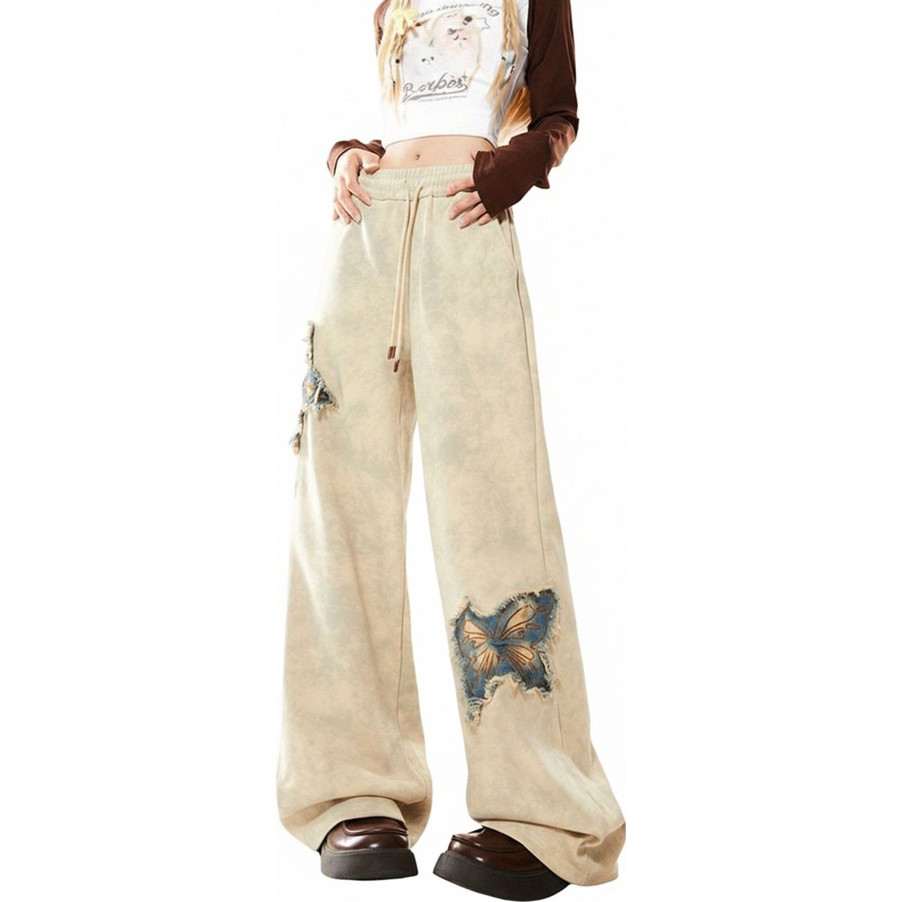 ワイドパンツ レディース スウェットパンツ 刺? バタフライ パッチワーク ハイウエスト ヴィンテージ風 ストリート系 カジュアル ロングパンツ ゆるっと こなれ感 美脚 脚長 効果 春