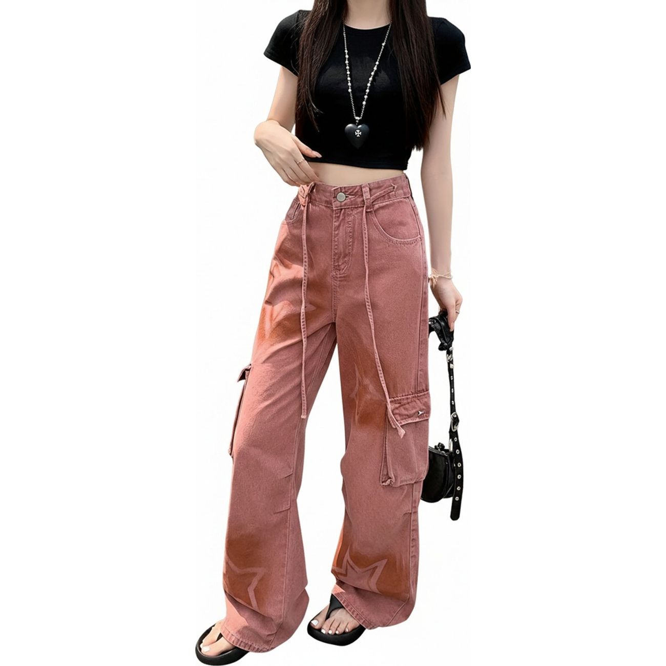 カーゴパンツ レディース デニム 星柄 ワイドパンツ ゆったり ストリート Y2K ハイウエスト ジーンズ ワークパンツ ボトムス 体型カバー 脚長効果 カジュアル 春 夏 秋 冬 おしゃれ