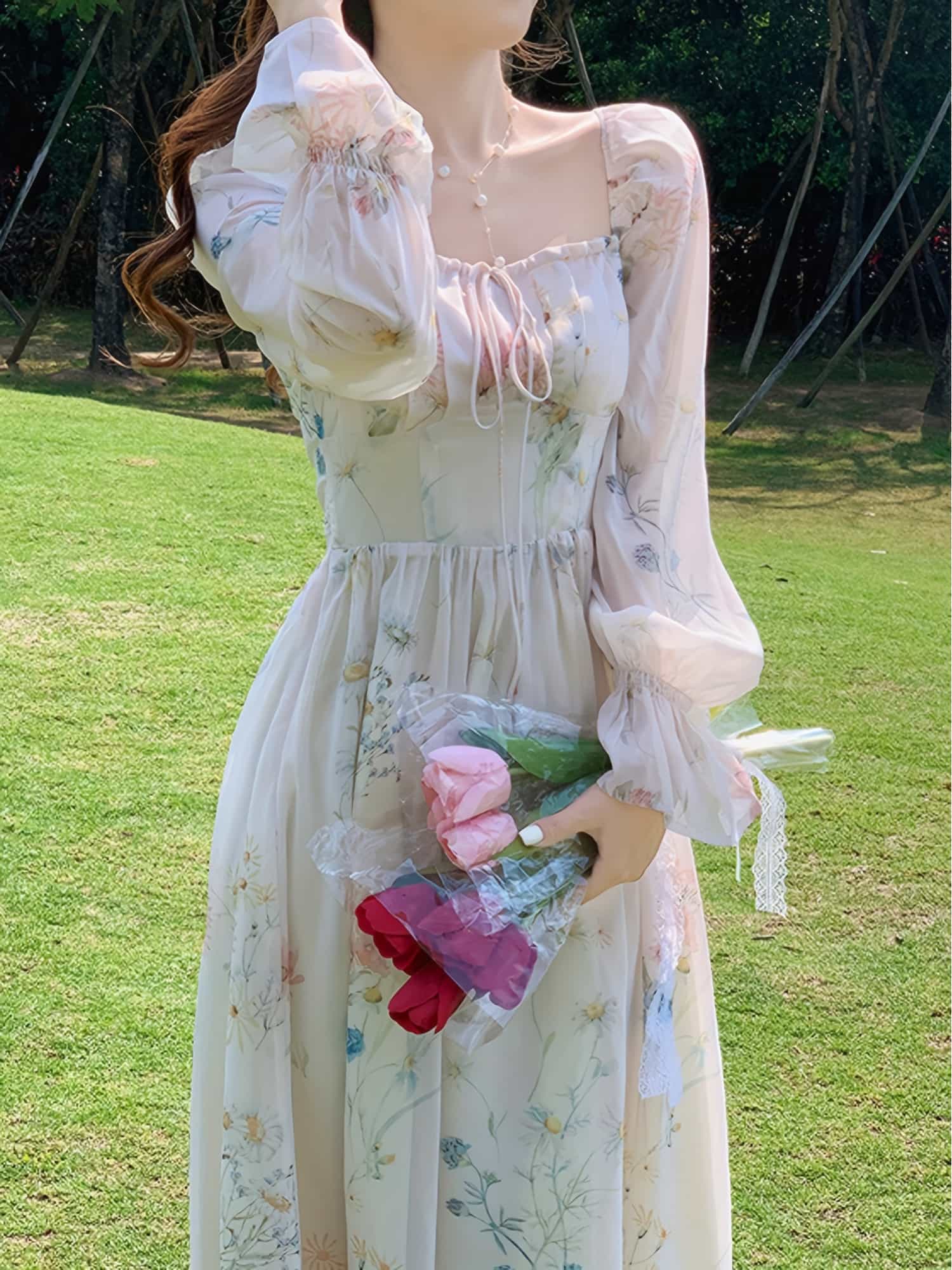 Dy Yy 【楽天市場】ワンピース 花柄 ロングワンピース レディース ロング ワンピ ミモレ丈 長袖 スクエアネック リボン シャーリング ボリューム袖 ...