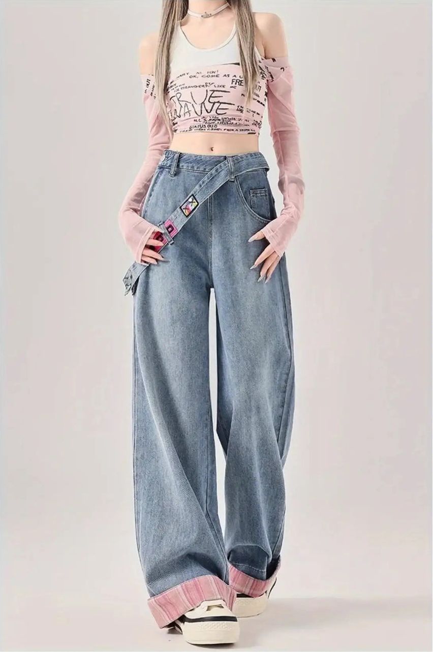 【ウエストデザイン】デニムパンツ レディース ワイドパンツ ジーンズ ハイウエスト ロールアップ ピンク 配色 Y2K 韓国 ストレート ジーパン ズボン ボトムス デニム ロングパンツ ゆったり 体型カバー 脚長効果 美脚 着痩せ 細見え 個性的 レトロ ヴィンテージ風