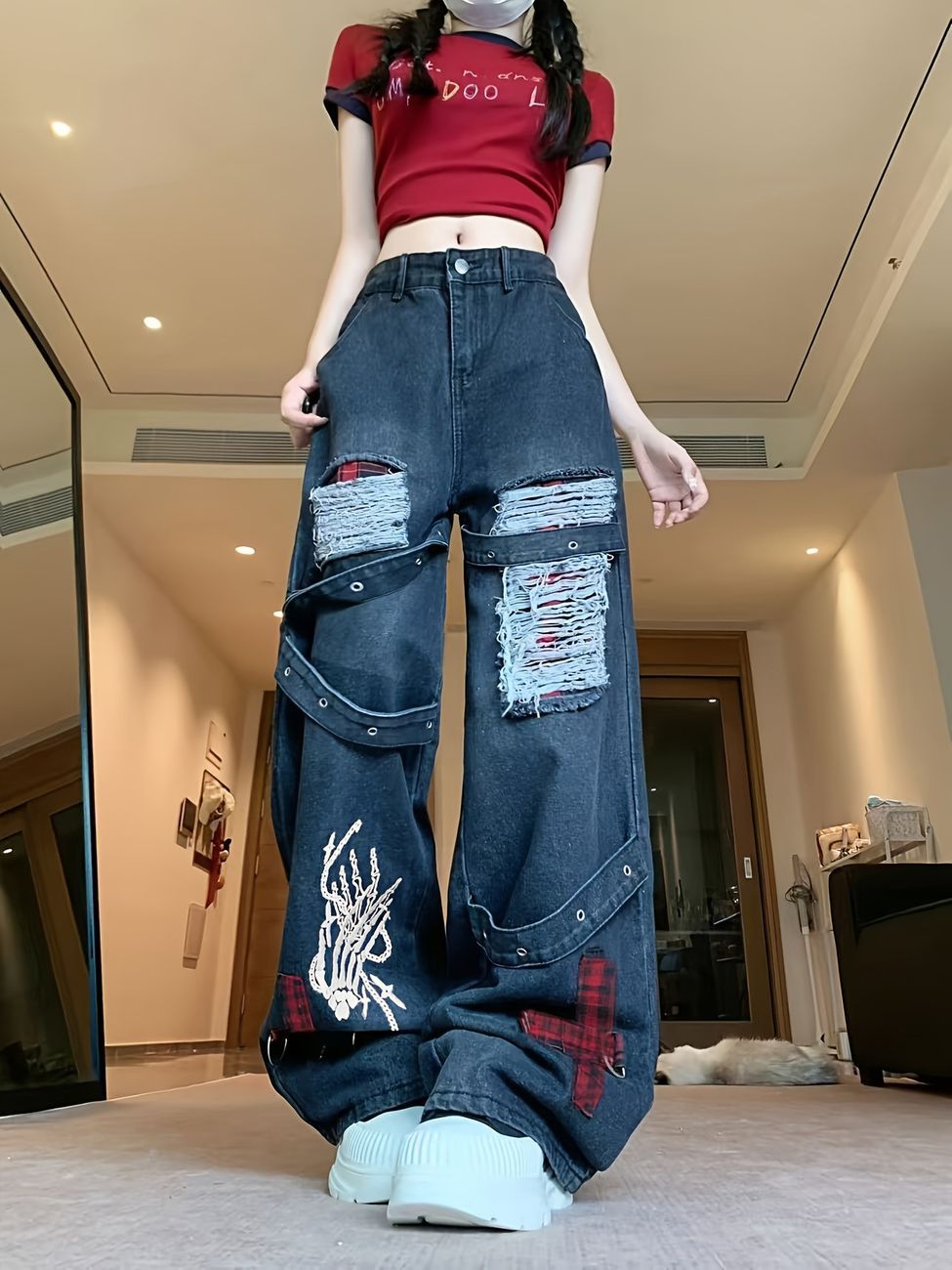 【ストリート系】デニムパンツ レディース ワイドパンツ ジーンズ ジーパン ダメージ クラッシュ チェック柄 ベルト 刺繍 ハイウエスト バギーパンツ ルーズ ゆったり 体型カバー 脚長効果 Y2K パンク ロック 地雷系 サブカル 原宿系 Ｖ系 ダンス 衣装 個性的 ボトムス
