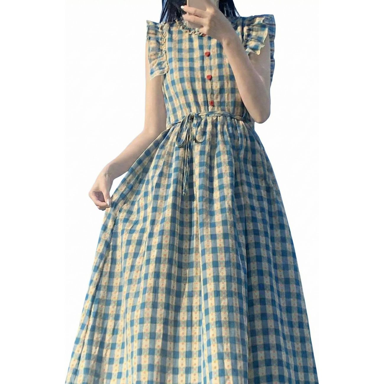 【レトロ可愛い】ロングワンピース ギンガムチェック マキシ丈 ワンピース レディース 夏 フリル袖 Aライン ウエストリボン ギャザー ロングワンピ マキシワンピース チェック柄 涼しい さらさら 体型カバー 着痩せ 二の腕カバー きれいめ カジュアル リゾート ビーチ|坂下ショップ
