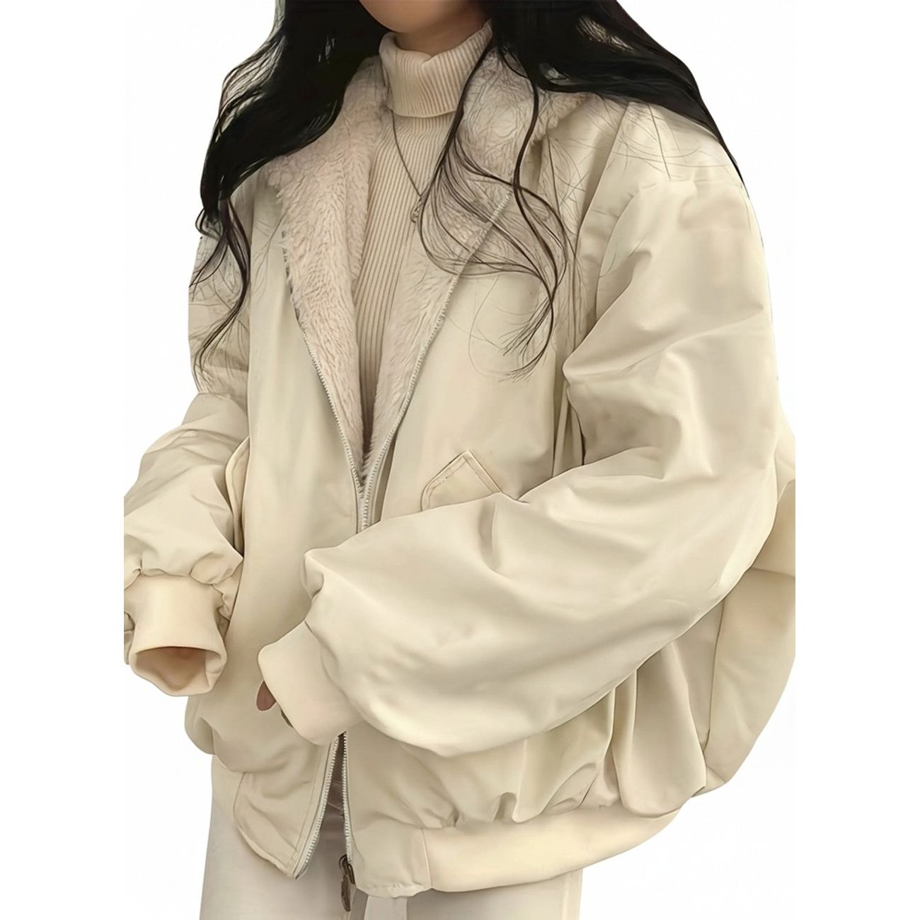 ボアブルゾン レディース リバーシブル もこもこ ジャケット 厚手 冬服 オーバーサイズ 暖かい アウター フード付き ゆったり ブルゾン 防寒 コート カジュアル アイボリー