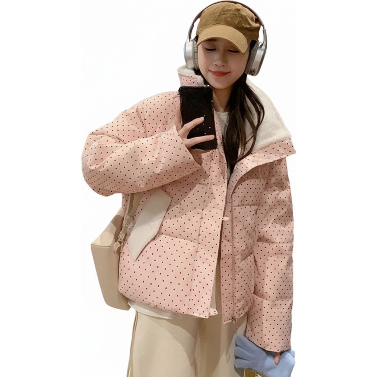 中綿ジャケット レディース ドット柄 オーバーサイズ ブルゾン 暖かい 厚手 アウター 韓国風 可愛い 水玉 もこもこ 防寒 秋冬 ピンク