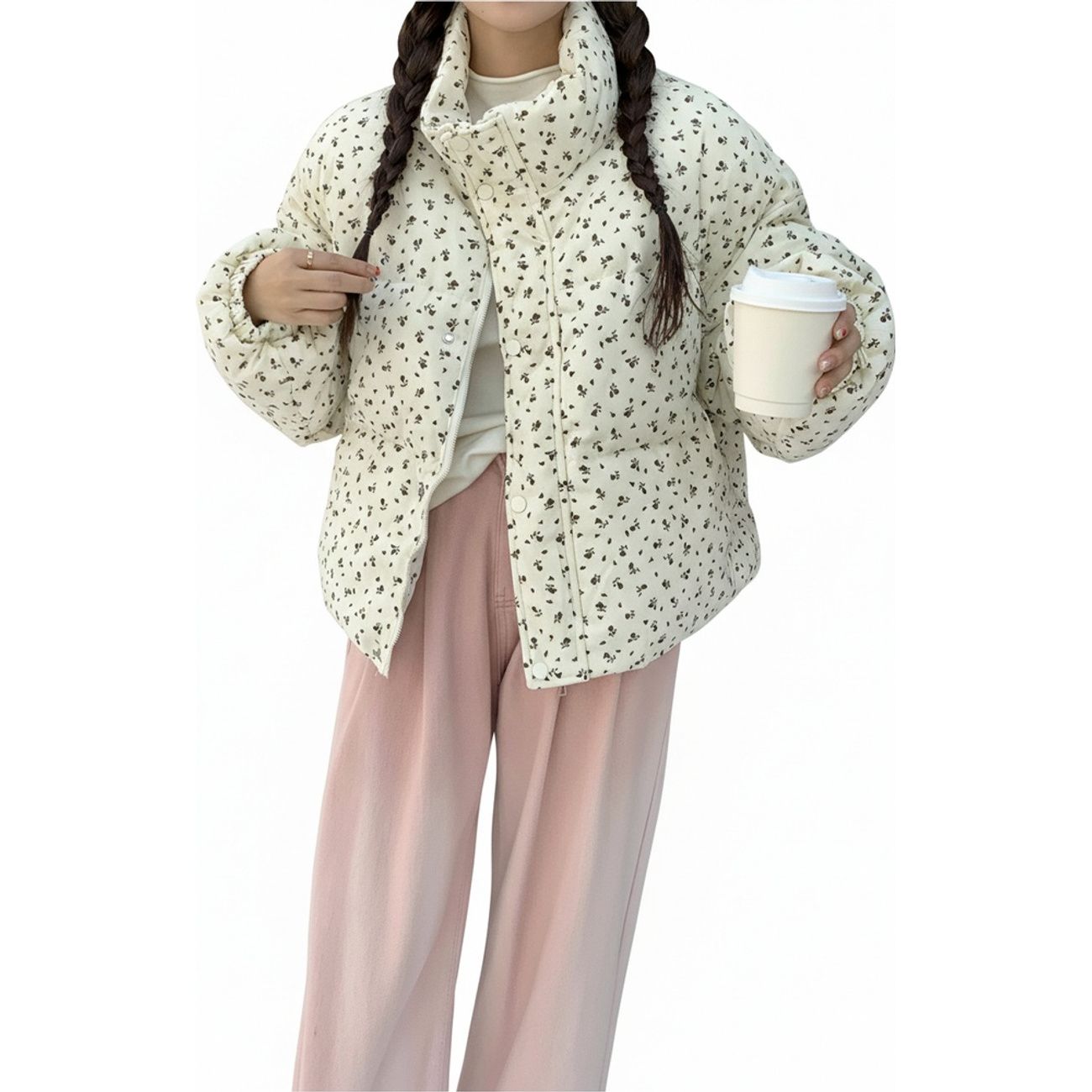 中綿ジャケット レディース 小花柄 ショート丈 スタンドカラー 厚手 防寒 暖かい もこもこ ガーリー 大人可愛い 韓国風 レトロ ボリュームシルエット カジュアル 通学 通勤 冬服