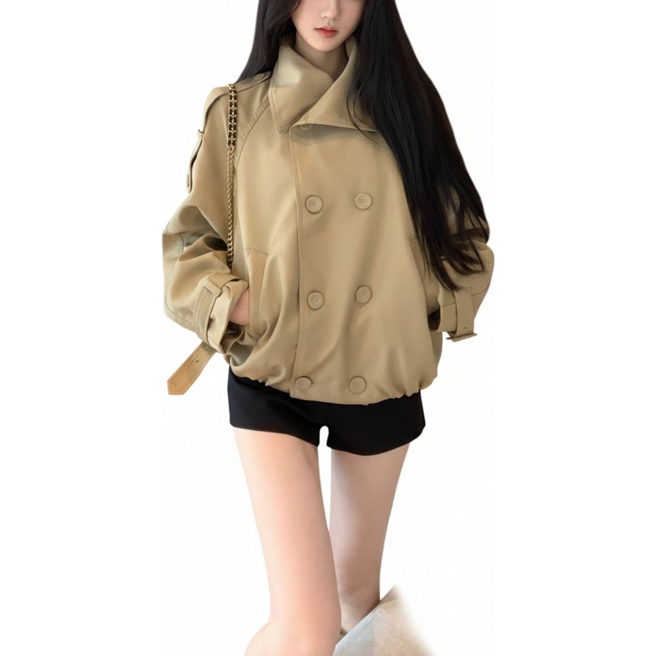 トレンチコート レディース ショート丈 春 スタンドカラー ゆる ブルゾン ダブルボタン 体型カバー さらりとした ハリ感 ワークジャケット スプリングコート 秋 ライトアウター