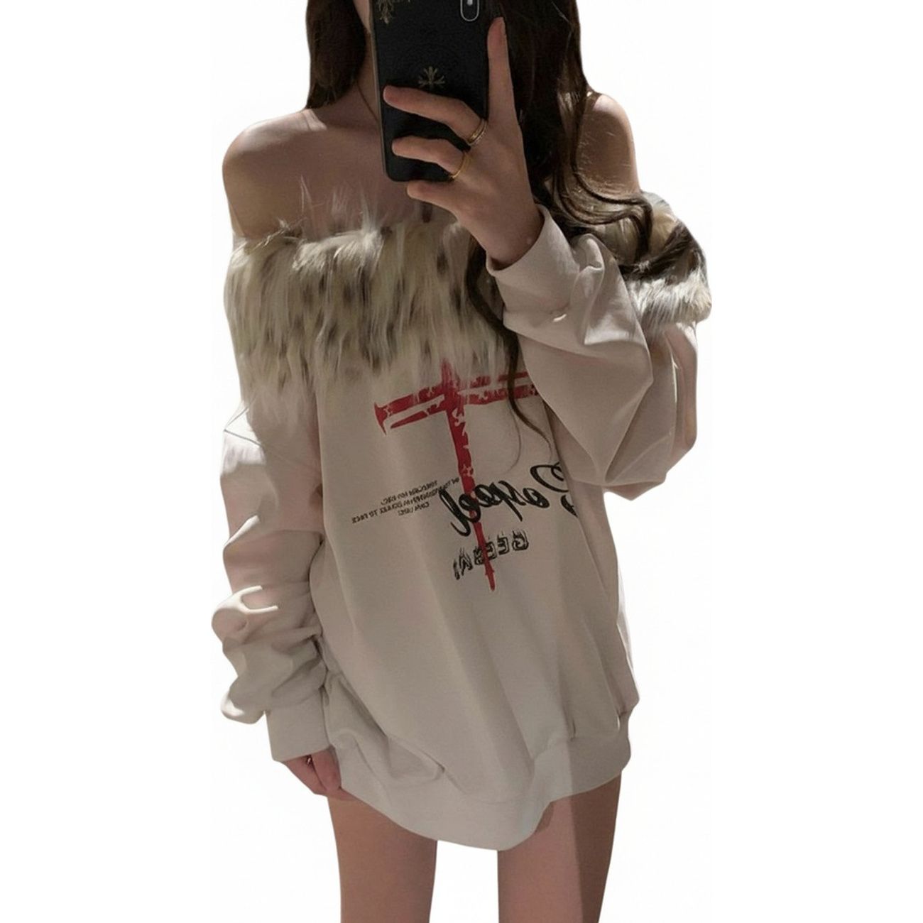 オフショルダー トレーナー レディース セクシー 肩出し スウェット フェイクファー 切り替え ゆるめ トップス オーバーサイズ プリント プルオーバー 長袖 秋冬 カジュアル 韓国