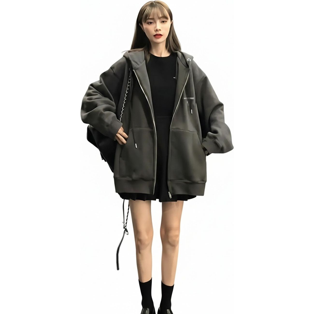 パーカー レディース ジップアップ 薄手 オーバーサイズ フーディー ゆったり ビッグシルエット カジュアル ストリート系 体型カバー 春 秋 前ポケット 無地 羽織り 大人可愛い 運動
