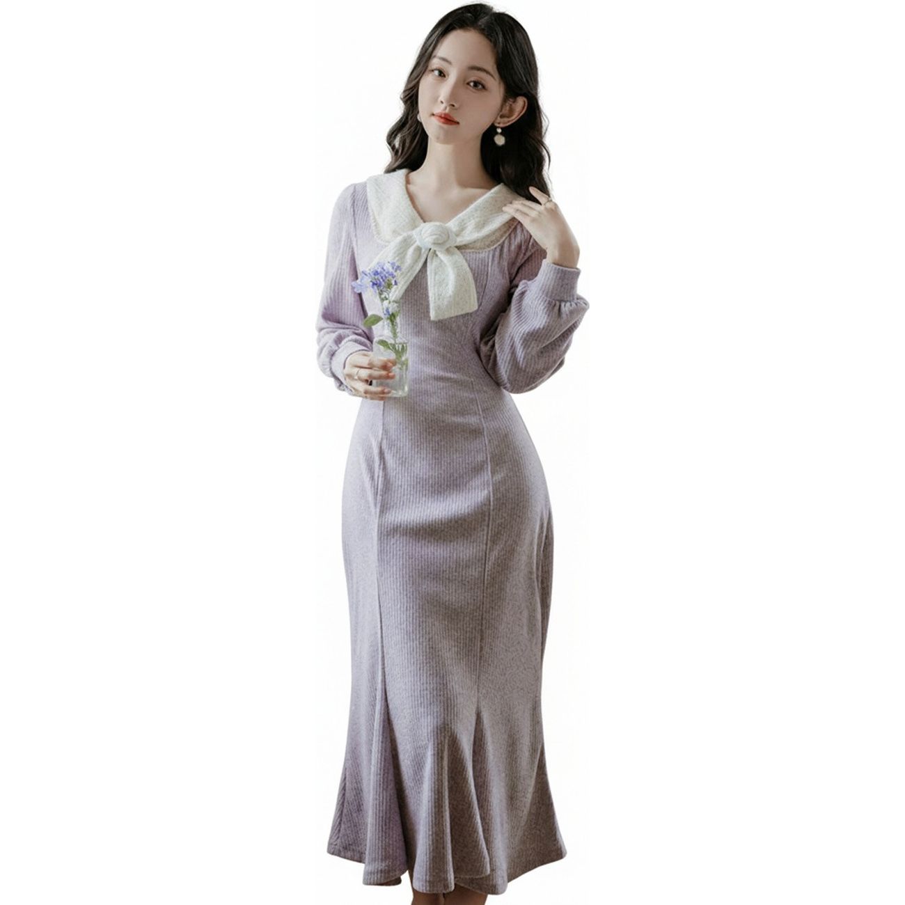 ニットワンピース レディース マーメイド ロング丈 リボン 襟付き 長袖 綺麗め 上品 秋 冬 春 フレンチガーリー 大人可愛い 清楚 リブニット 着痩せ 体型カバー お呼ばれ デート 4,778円