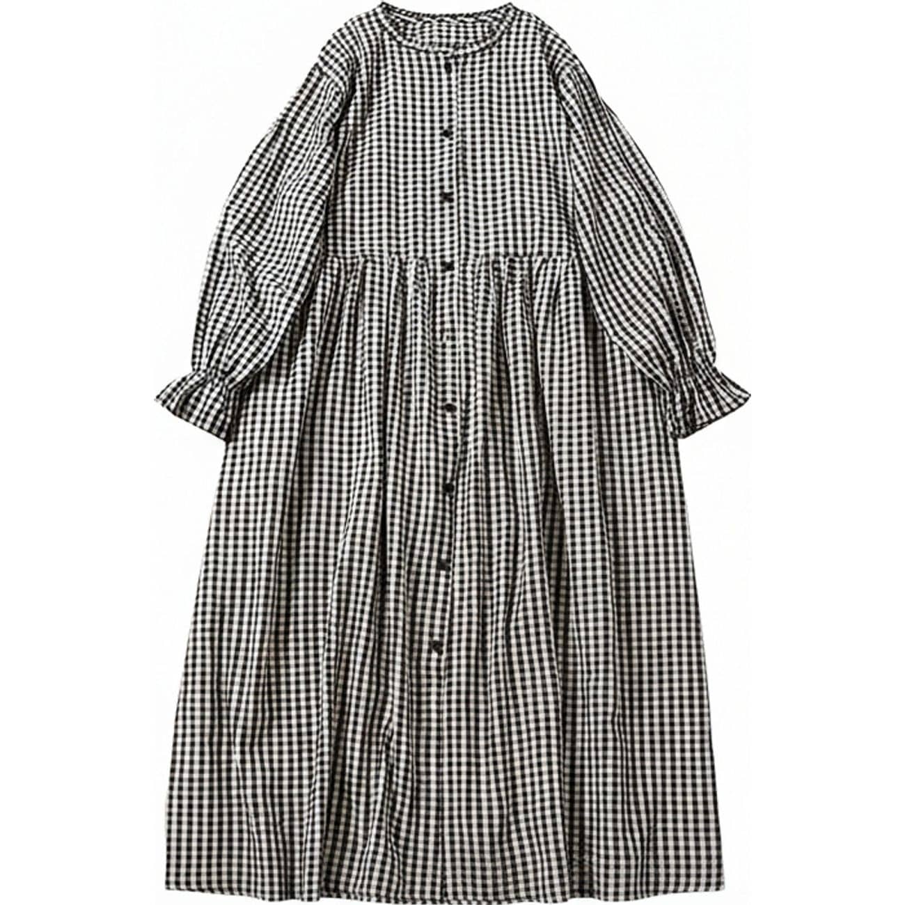 ギンガムチェック ワンピース ロング レディース 長袖 シャツワンピース ゆったり 体型カバー 大人可愛い Aライン ナチュラル カジュアル 前開き 春 秋 冬 膝下 マキシ丈