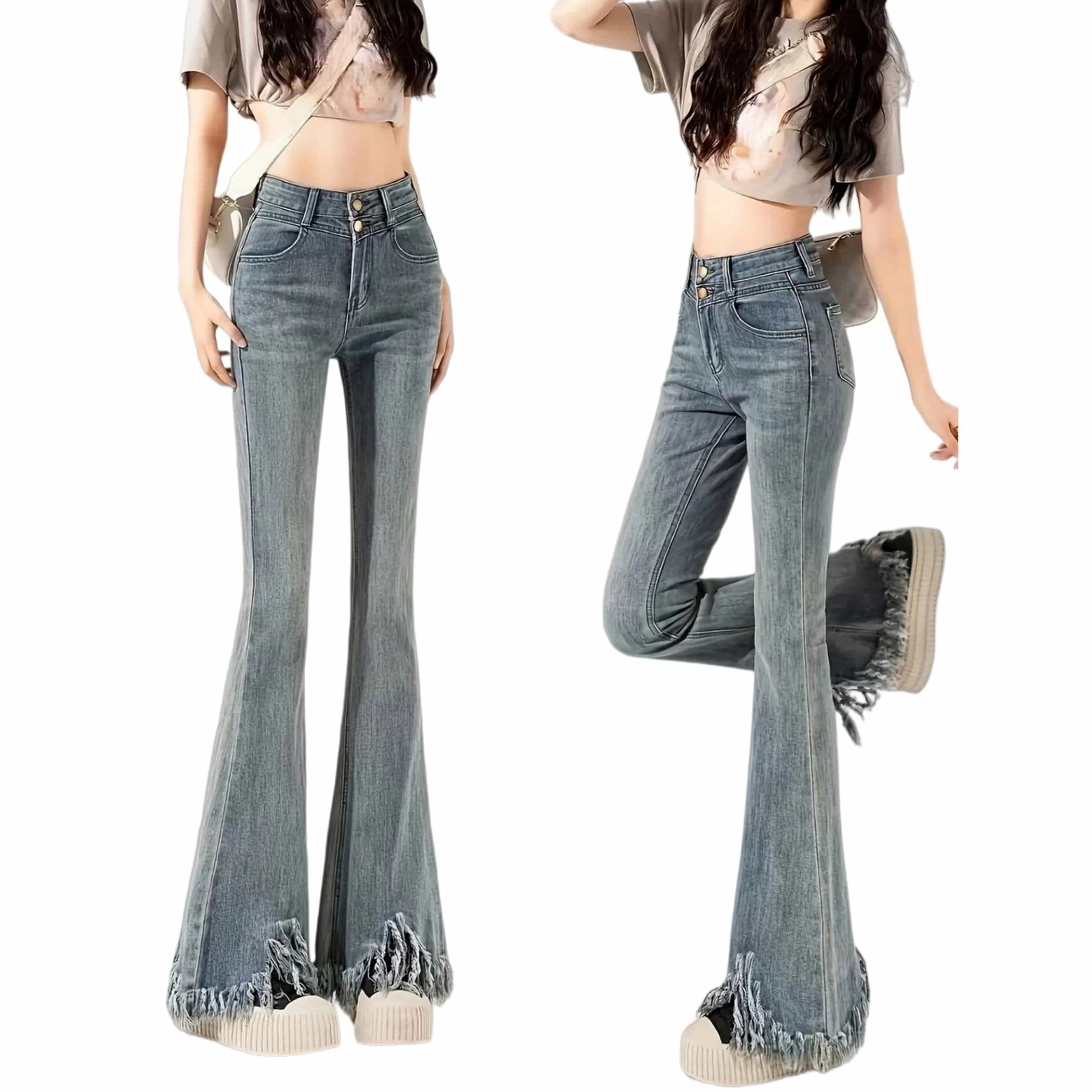 デニムパンツ レディース フレア ジーンズ ハイウエスト 裾フリンジ 美脚 ブーツカット 脚長 美シルエット 切りっぱなし ダブルボタン ヴィンテージ風 ストリート ジーパン