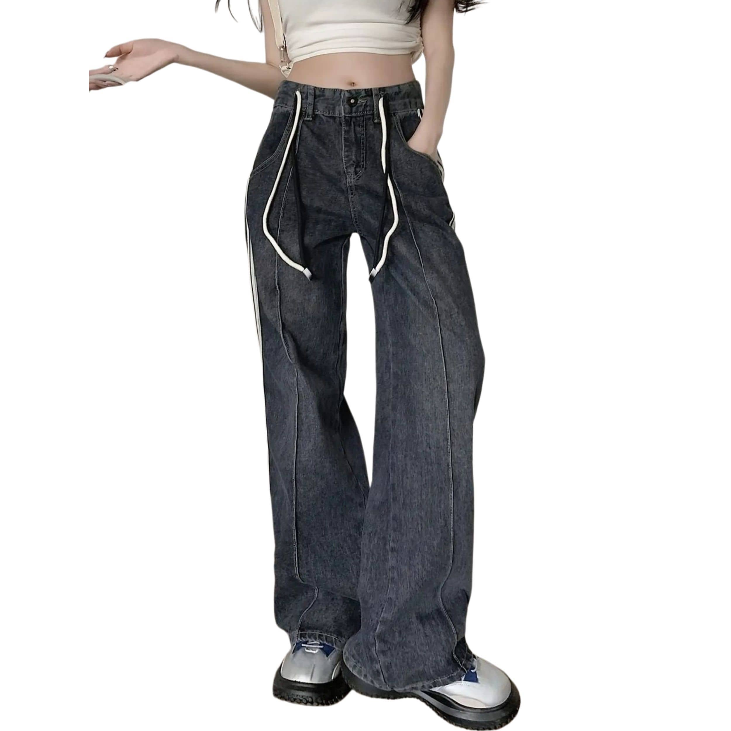 デニム ワイドパンツ レディース サイドライン ジーンズ ハイウエスト 脚長効果 ゆったり ストレート ジーパン ロングパンツ カジュアル ストリート系 韓国ファッション