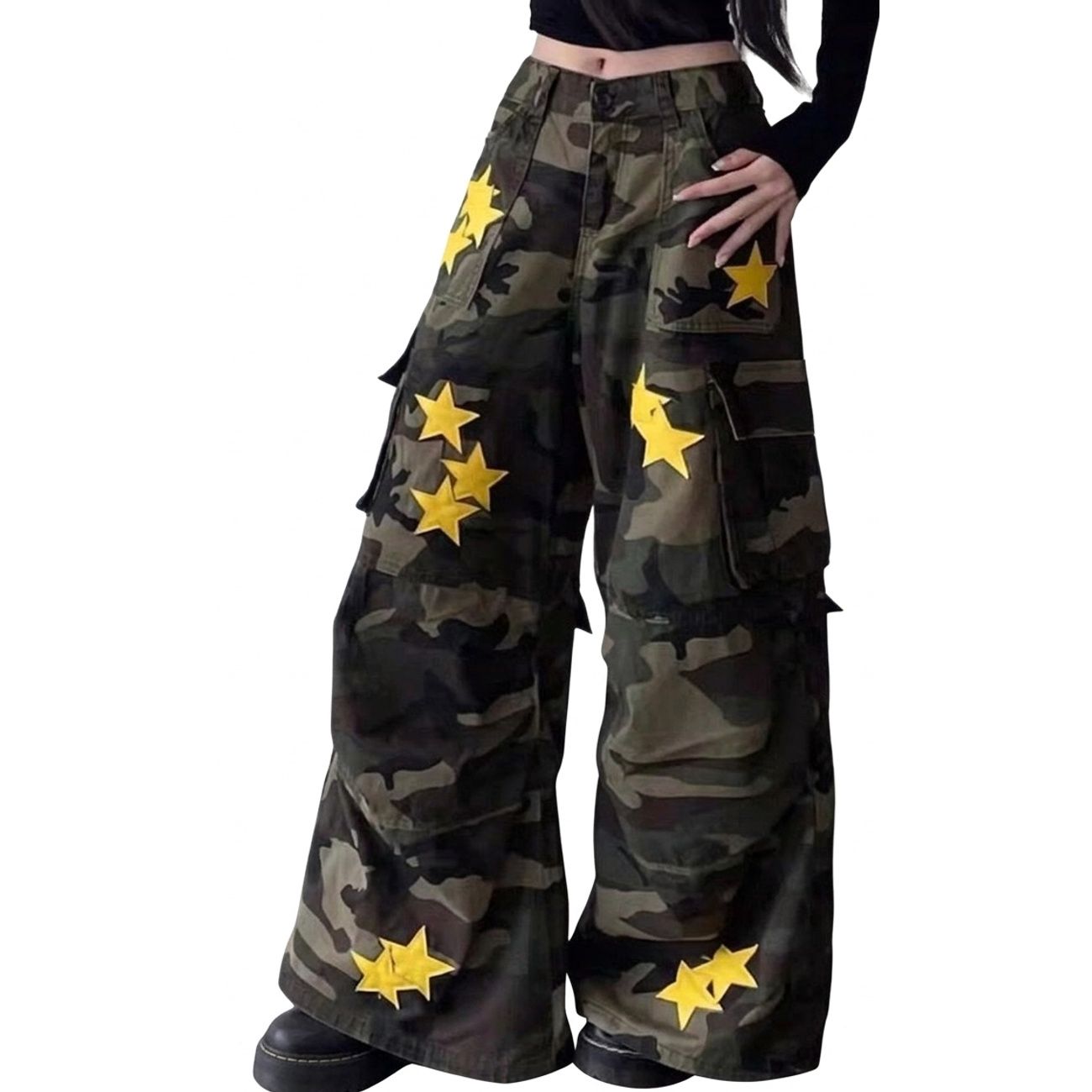 カーゴパンツ レディース 迷彩柄 星柄 ワイドパンツ Y2K ストリート系 ワークパンツ 迷彩パンツ ボトムス ゆったり カジュアル ミリタリー ロングパンツ ハイウエスト 着痩せ