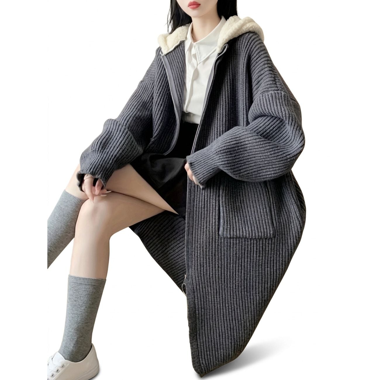 ニットカーディガン レディース ロング フード付き ジップアップ 厚手 ニットパーカー ニットコート リブニット ゆったり オーバーサイズ 羽織り 体型カバー 着痩せ もっちり
