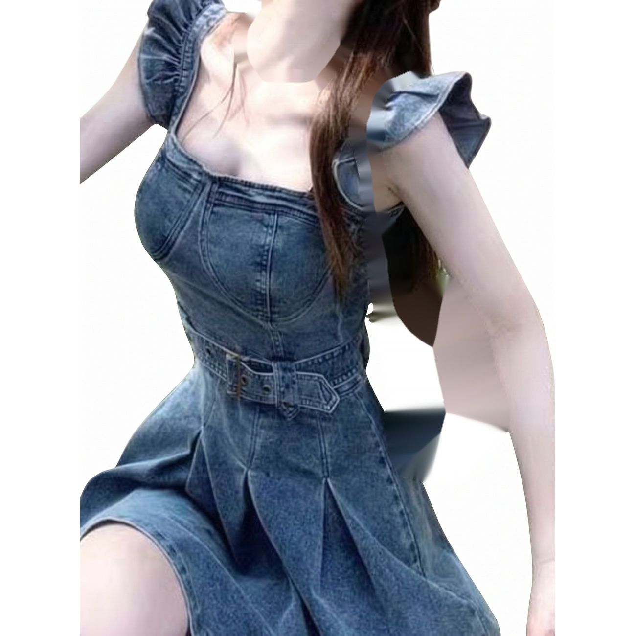 【レトロ可愛い】 デニムワンピース ミニ丈 レディース スクエアネック フリル袖 ウエストベルト タック プリーツ Aライン コルセット風 デニムワンピ ミニワンピ 細見え 着痩せ 脚長効果 体型カバー ガーリー カジュアル 韓国風 デート 旅行 春 夏｜坂下ショップ
