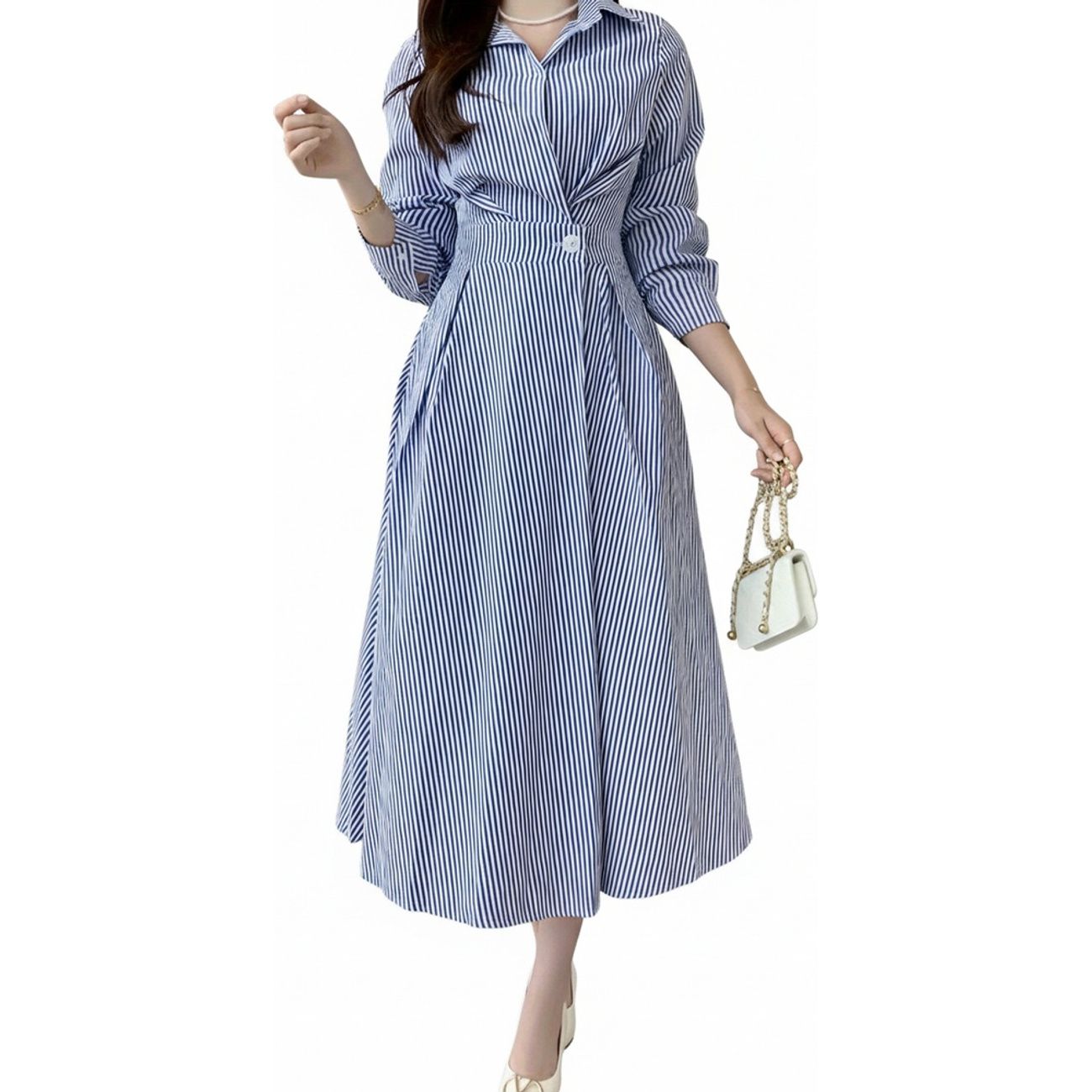 シャツワンピース レディース ロング ストライプ 襟付き ウエストマーク きれいめ 上品 事務服 通勤 オフィス カジュアル 春 秋 着痩せ 体型カバー Aライン 長袖 膝丈 おしゃれ
