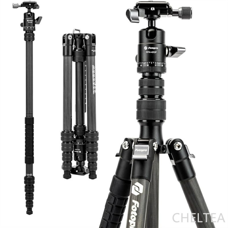 Fotopro 152CMカーボンファイバー製旅行三脚架 コンパクトカメラ三脚架 ボールヘッド付きクイックリリースプレート DSLR用モノポッド カメラバッグ付き 最大荷重8KG X-go E 2 ブラックX-go carbon E2+42QP Bk|サカツクストア