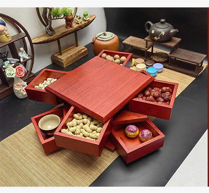 回転式収納木箱 からくり収納箱 仕切れ箱 卓上設置 茶菓子収納盆 珍蔵陳列棚 茶筒 乾菓子器 竹材仕様 時計回り解放機構 茶道用具 装飾 底部滑り止め