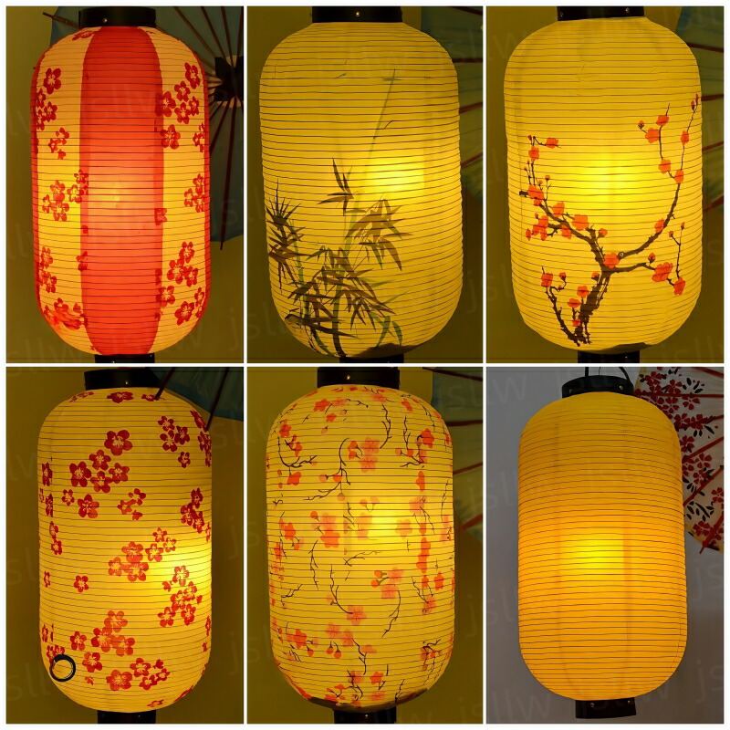 提灯 ちょうちん 2個セット 9号長 桜 さくら 竹 梅の花 無印 ベージュ 和紙ちょうちん 和風柄 長型提灯 50*25cm 絵画 和雑貨 業務用 自宅用 イベント用品 お祭り 飲食店 店舗装飾 ホテル 旅館 室内 防水不可 縁日 花見 電源電球付属なし