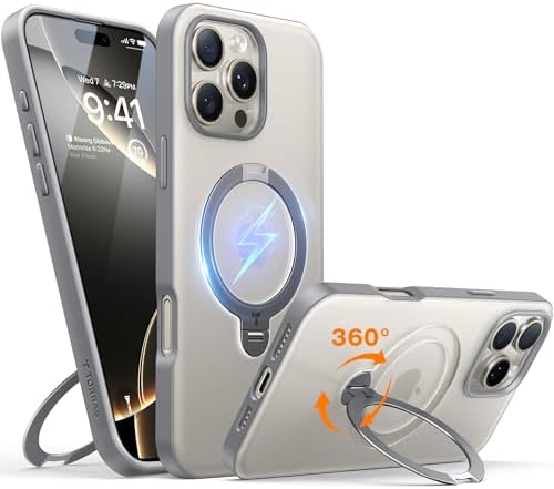 【送料無料】iPhone 15 Pro 用 スマホケース 360度回転ゼンマイ式スタンド搭載 米軍規格耐衝撃 マグネット対応 ワイヤレス充電可能 防指紋 半透明 ブラック 縦横両対応 多機能 高品質 プレゼント ギフト おしゃれ ビジネス 通勤 旅行 オールシーズン対応