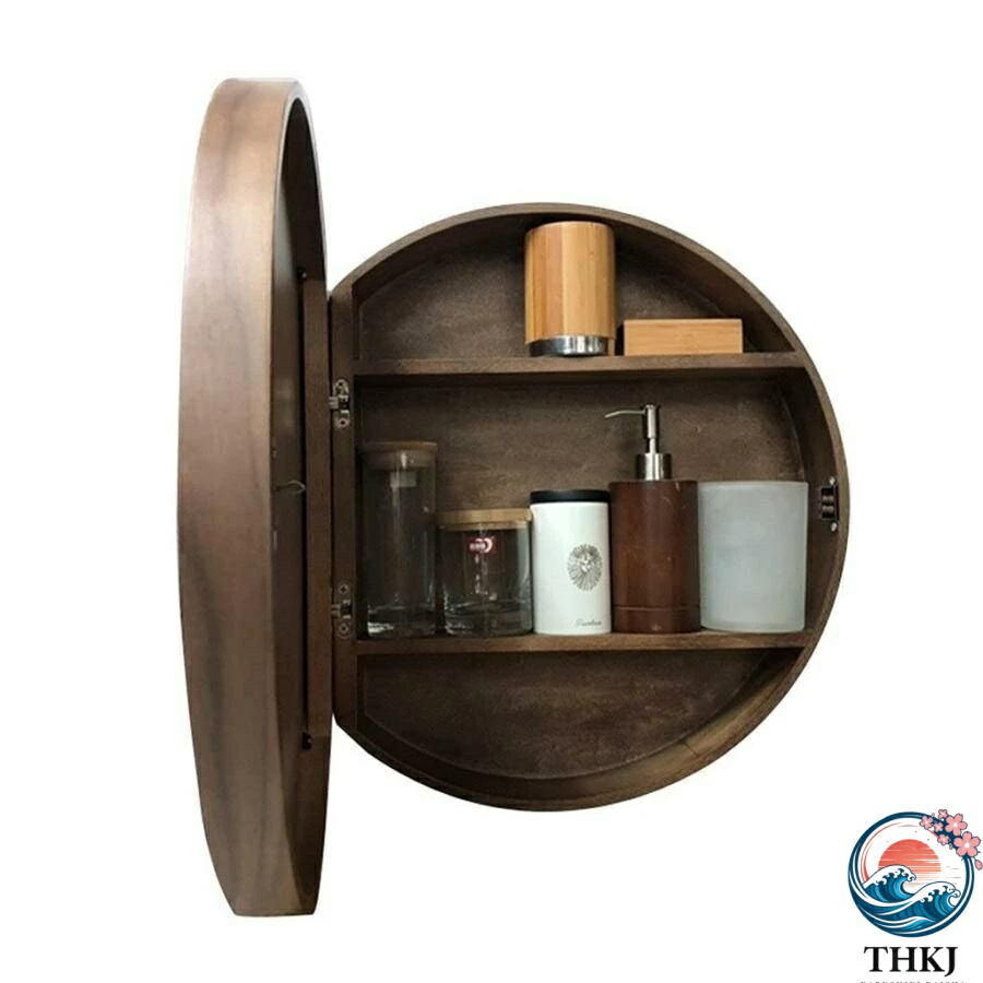 【全品2点で5%OFF】丸壁鏡、バスルームミラーキャビネット、壁掛け多層薬キャビネット、大容量ロッカー (Color : Brown Size : 60cm)