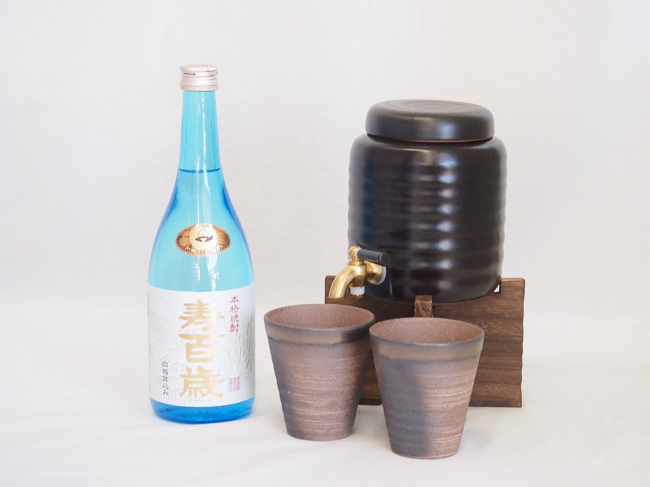 本格焼酎サーバー1000cc(18cm×24cm 1kg)三重県萬古焼き備前金彩ペアカップ(200ml×2個)東酒造 本格芋焼酎 白麹仕込み寿百歳 (鹿児島県) 720ml×1本