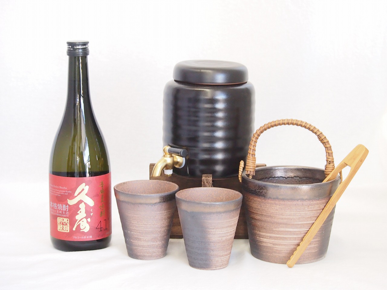 本格焼酎サーバー1000cc(18cm×24cm 1kg)萬古焼ペアカップ氷入れ竹トングセット宮崎本店 本格麦焼酎 長期貯蔵久寿41° (三重県) 720ml×1本