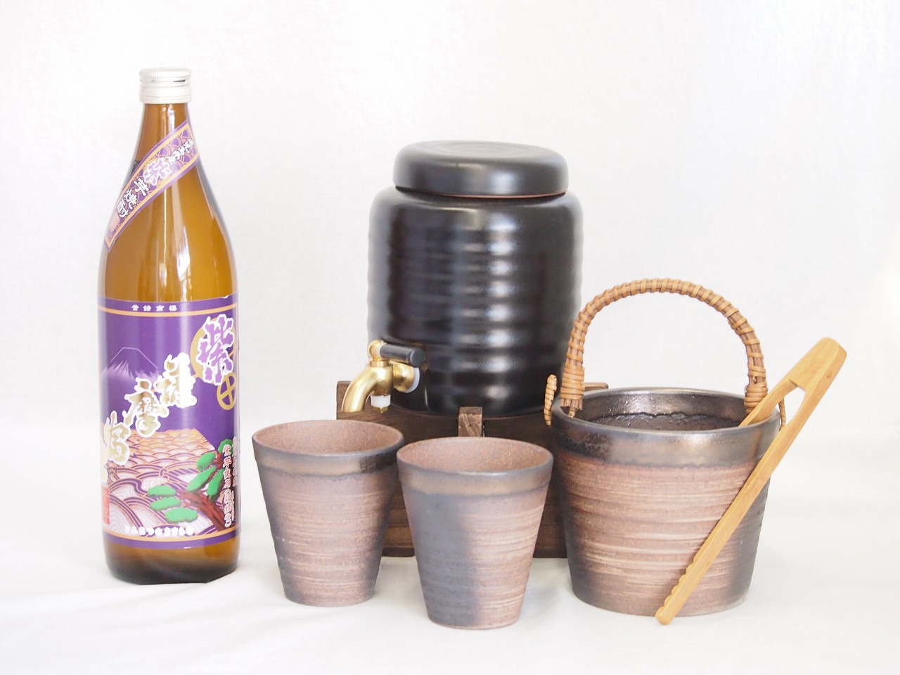 本格焼酎サーバー1000cc(18cm×24cm 1kg)萬古焼ペアカップ氷入れ竹トングセット濱田酒造 本格芋焼酎 鹿児島県産紫芋使用紫薩摩富士 (鹿児島県) 900ml×1本