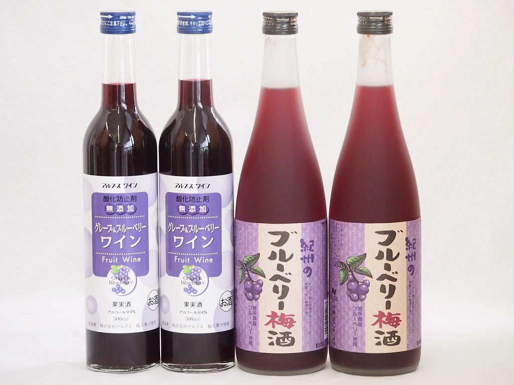 【最大2000円オフクーポン10日1:59迄】リキュール特集4本セット(グレープ&ブルーベリーワイン 紀州ブルーベリー梅酒) 500ml×2本 720ml×2本