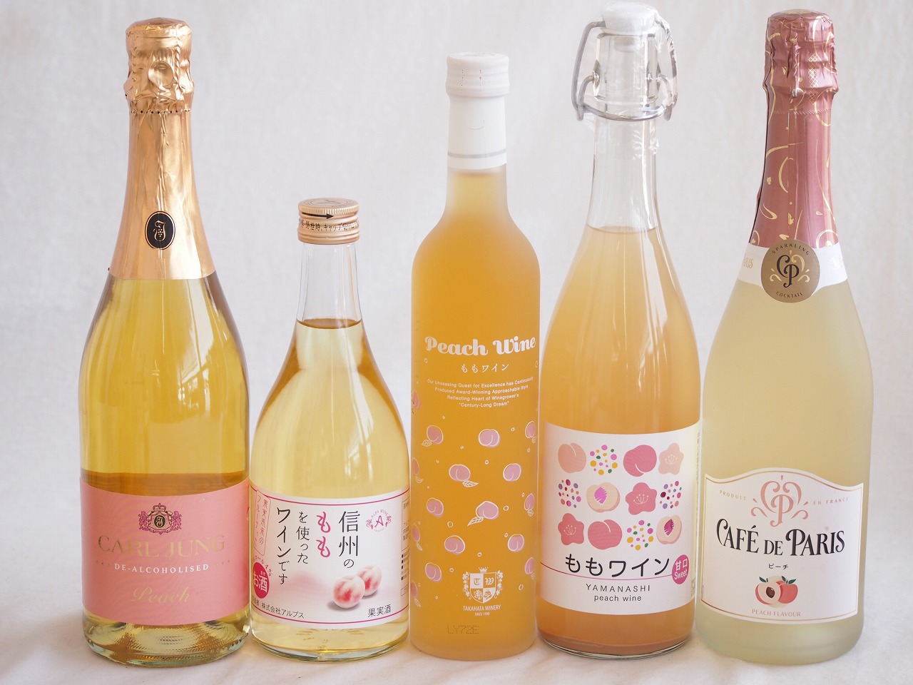 桃の果実感5本セット(高畠ももワイン7度(山形県) カフェド パリ ピーチスパークリングワインやや甘口6度(フランス) アデカ ももワイン甘口 5度(千葉県) アルプス 信州のももを使ったワインです4度(長野県) カールユング ピーチ ノンアルコールスパ