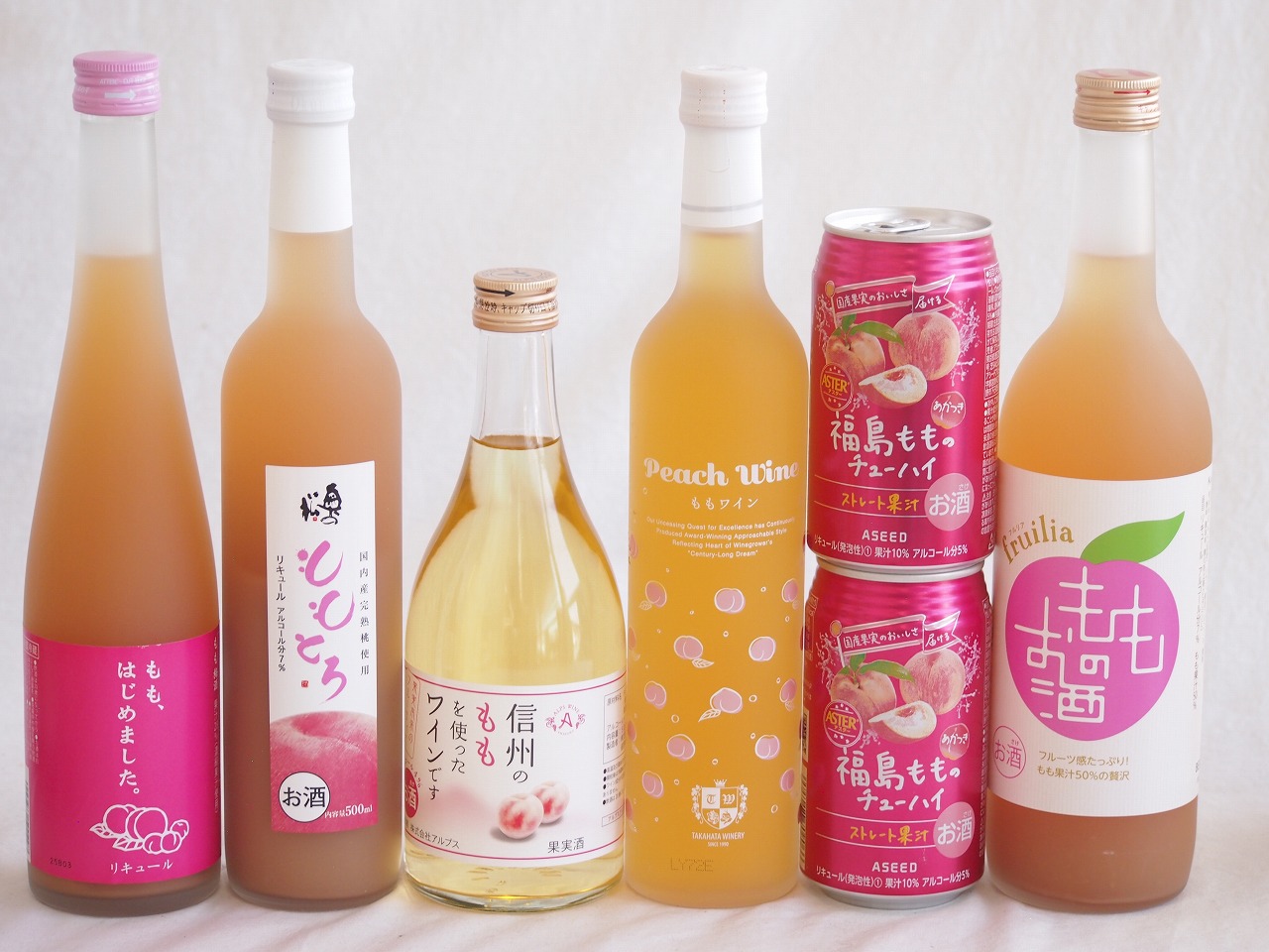 桃の果実感7本セット(高畠ももワイン7度(山形県) 中埜もものお酒 7度(愛知県) 奥の松 ももとろ7 度(福島県) ももはじめました もも梅酒8度(福岡県) アルプス 信州のももを使ったワインです4度(長野県) アシードブリュー 福島もものチューハイ缶