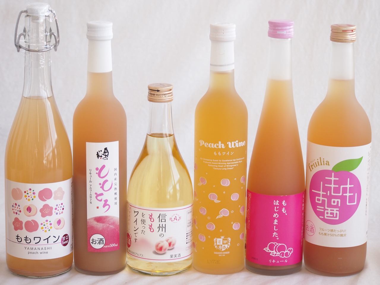 桃の果実感6本セット(高畠ももワイン7度(山形県) 中埜もものお酒 7度(愛知県) アデカ ももワイン甘口 5度(千葉県) 奥の松 ももとろ7 度(福島県) ももはじめました もも梅酒8度(福岡県) アルプス 信州のももを使ったワインです4度(長野県))