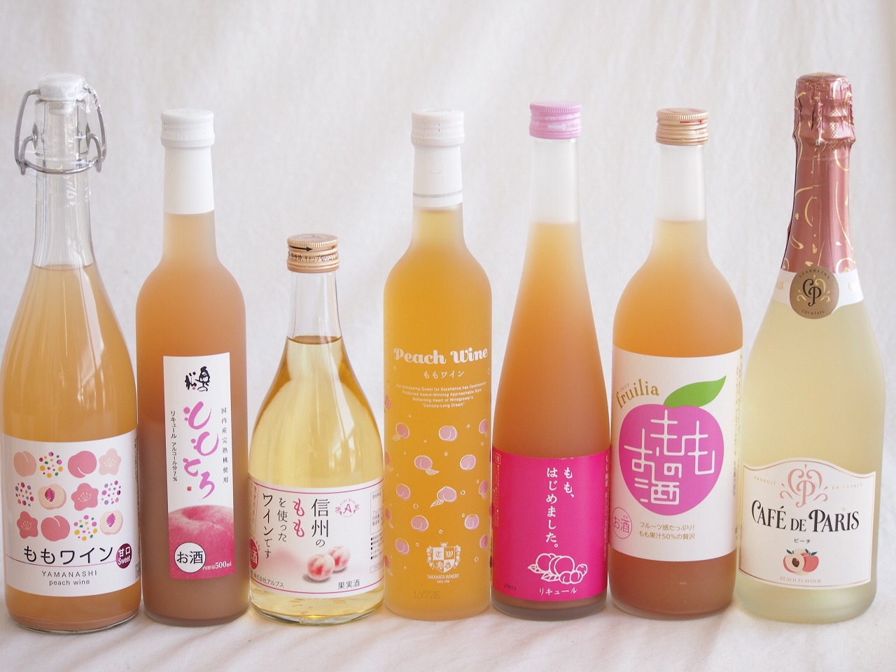 桃の果実感7本セット(高畠ももワイン7度(山形県) 中埜もものお酒 7度(愛知県) カフェド パリ ピーチスパークリングワインやや甘口6度(フランス) アデカ ももワイン甘口 5度(千葉県) 奥の松 ももとろ7 度(福島県) ももはじめました もも梅酒8