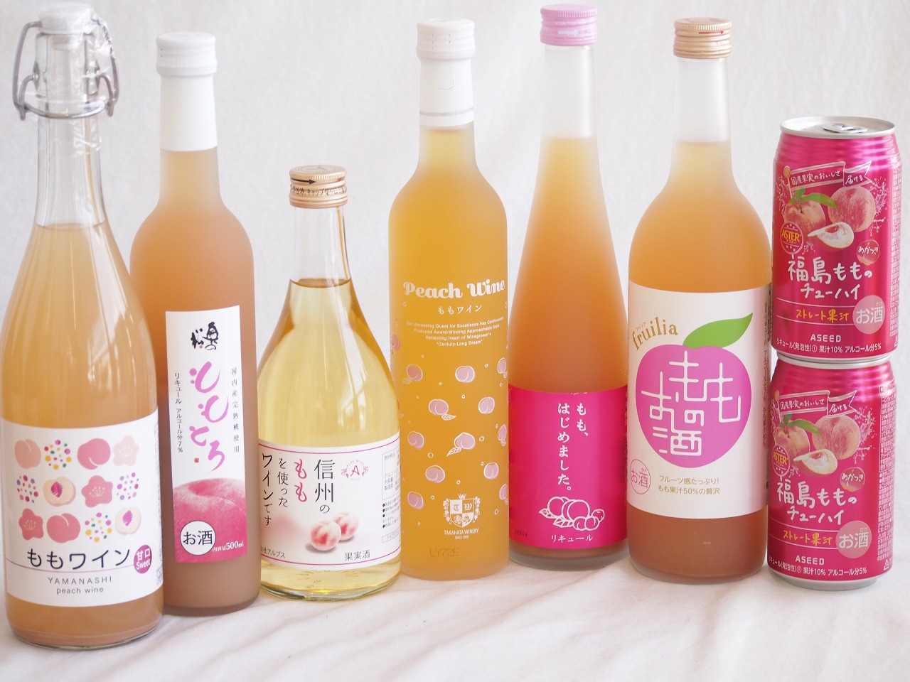 桃の果実感8本セット(高畠ももワイン7度(山形県) 中埜もものお酒 7度(愛知県) アデカ ももワイン甘口 5度(千葉県) 奥の松 ももとろ7 度(福島県) ももはじめました もも梅酒8度(福岡県) アルプス 信州のももを使ったワインです4度(長野県) 9,117円