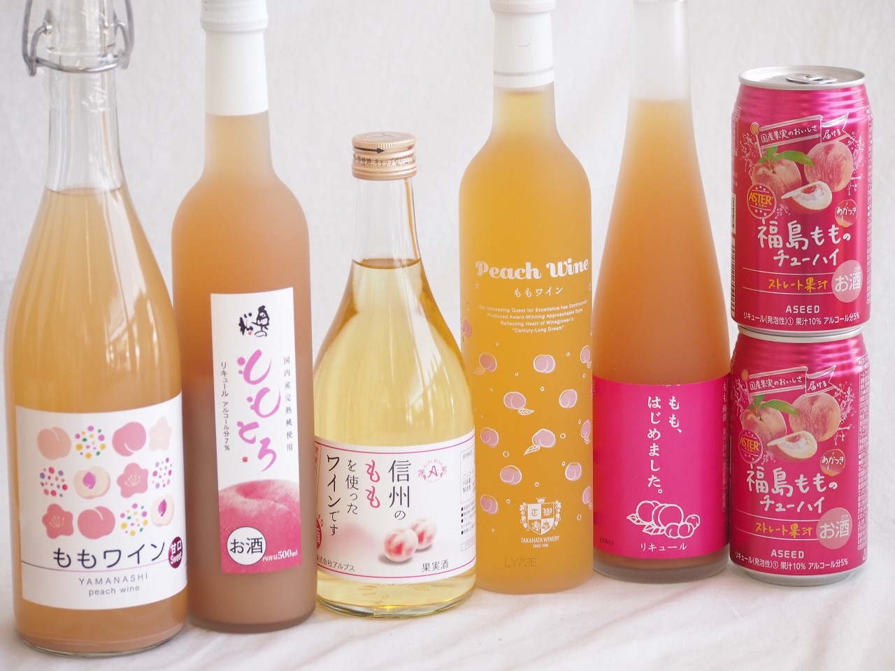 桃の果実感7本セット(高畠ももワイン7度(山形県) アデカ ももワイン甘口 5度(千葉県) 奥の松 ももとろ7 度(福島県) ももはじめました もも梅酒8度(福岡県) アルプス 信州のももを使ったワインです4度(長野県) アシードブリュー 福島もものチュ